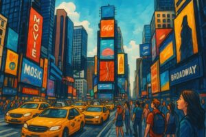 賑やかな雰囲気のタイムズスクエアを描いたイラスト