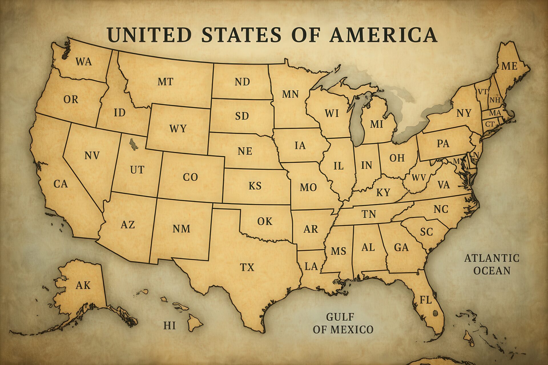 古地図風のアメリカ合衆国の州別地図