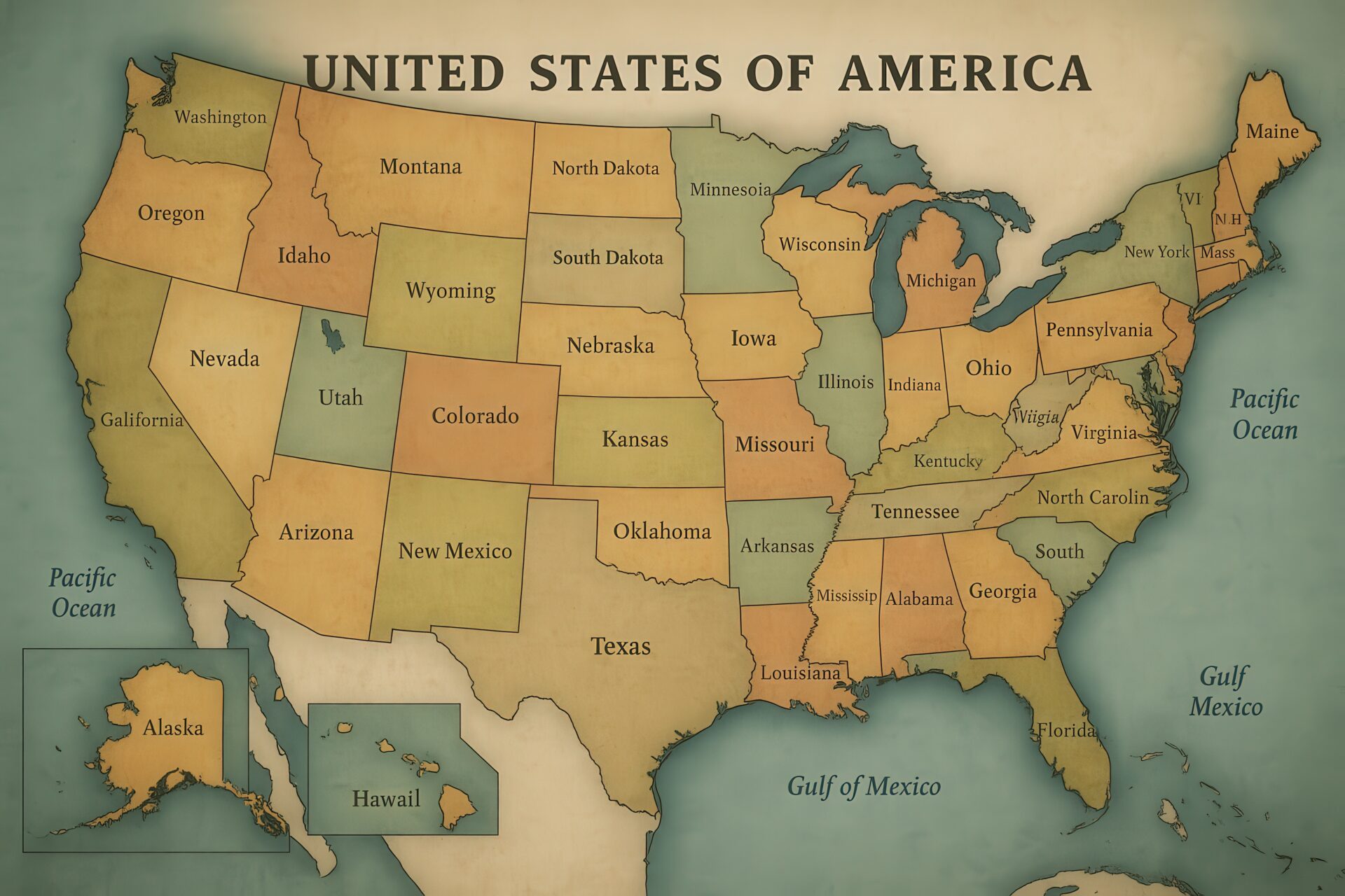 カラフルに彩られたアメリカ合衆国の地図