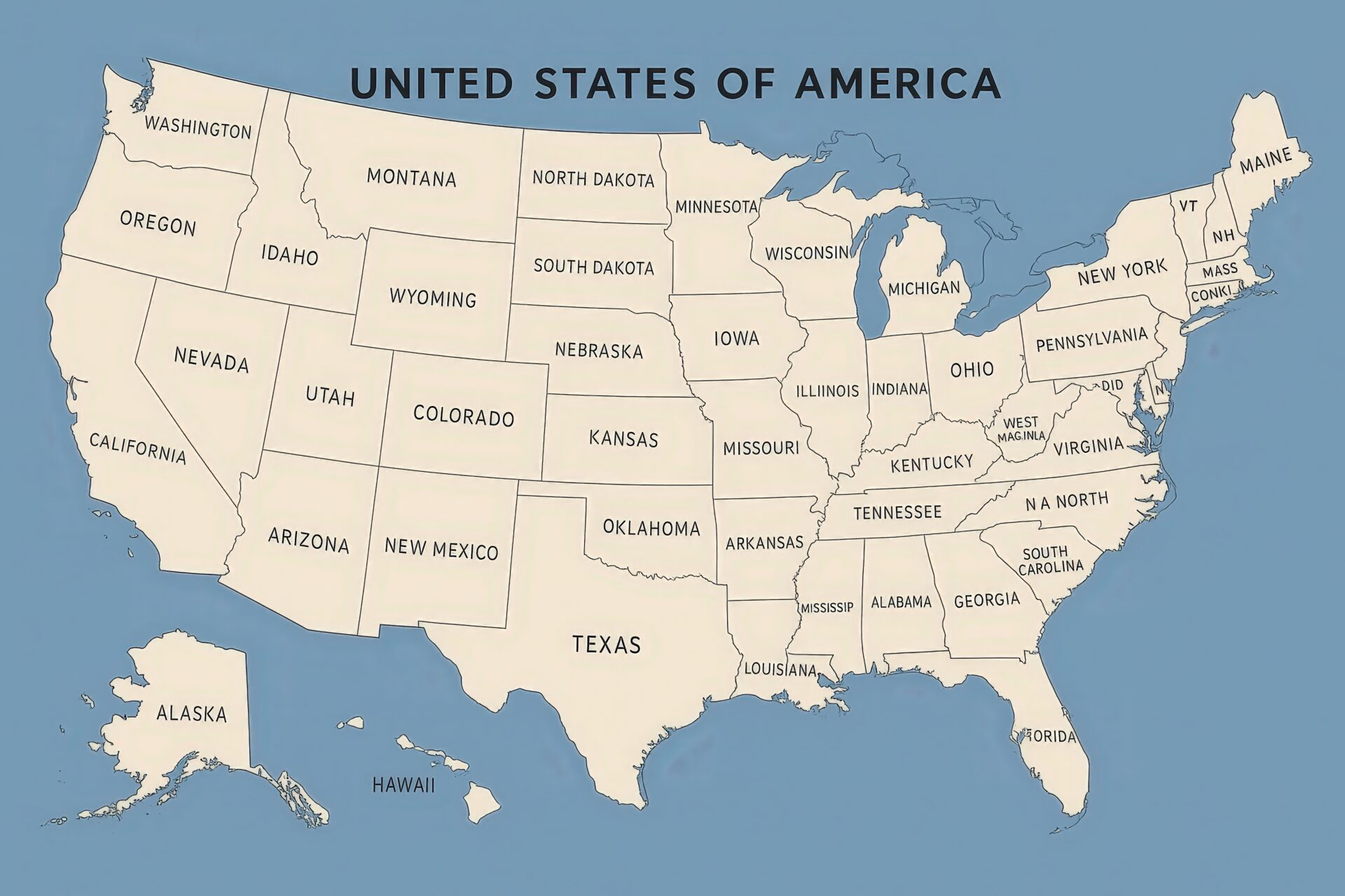 シンプルな線画で示されたアメリカ州地図