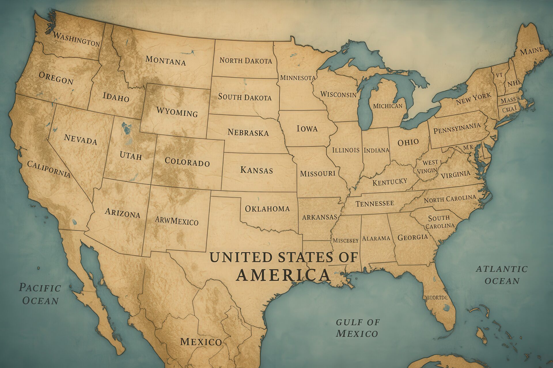 紙の質感があるアメリカ合衆国の州別地図