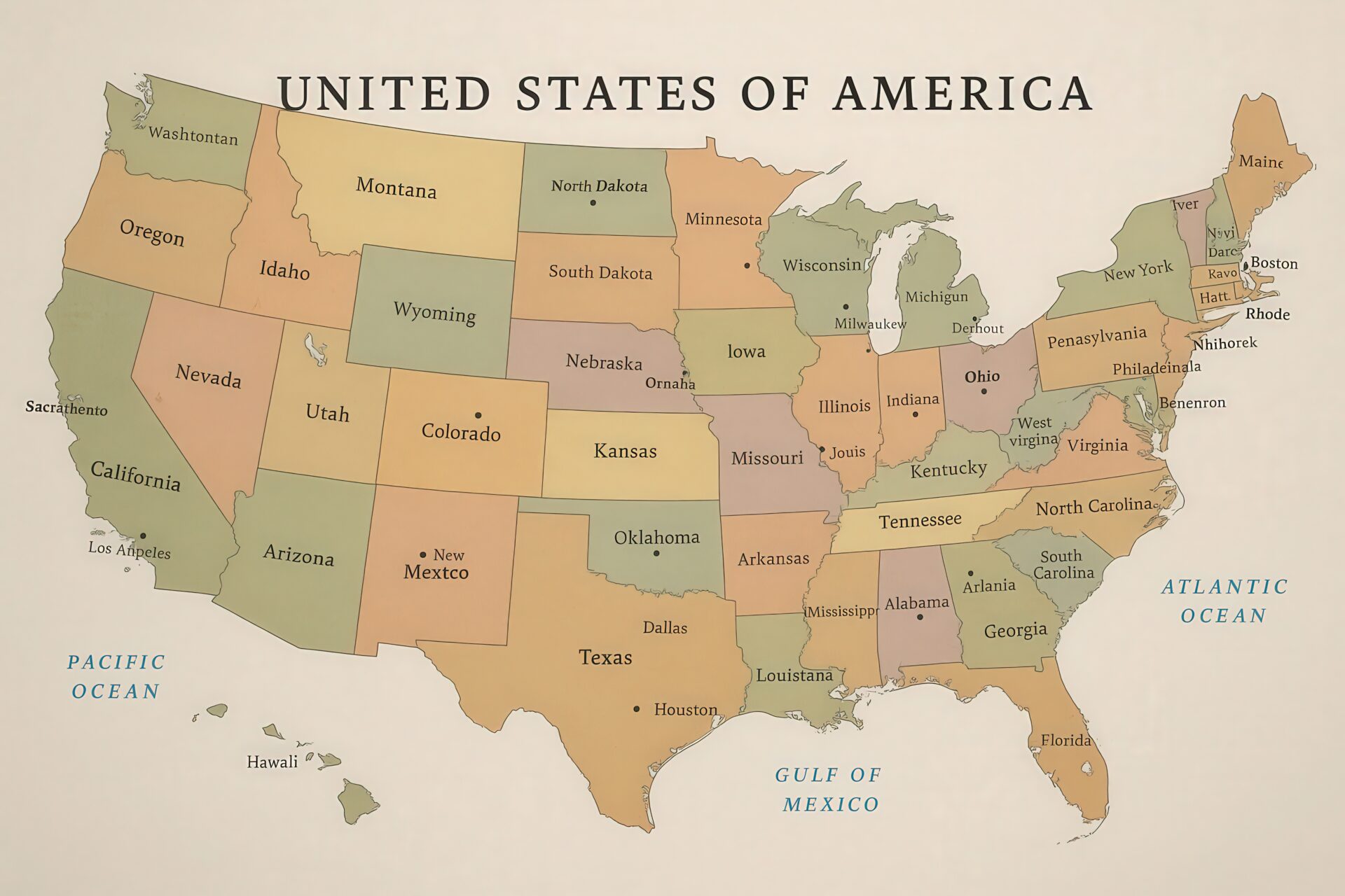 州名と都市名が記載されたアメリカ地図