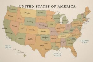 州名と都市名が記載されたアメリカ地図
