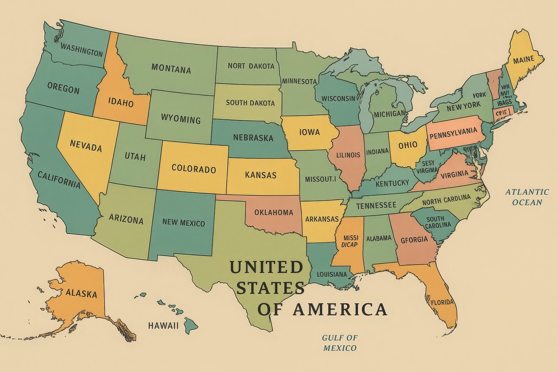 カラフルに色分けされたアメリカ州地図