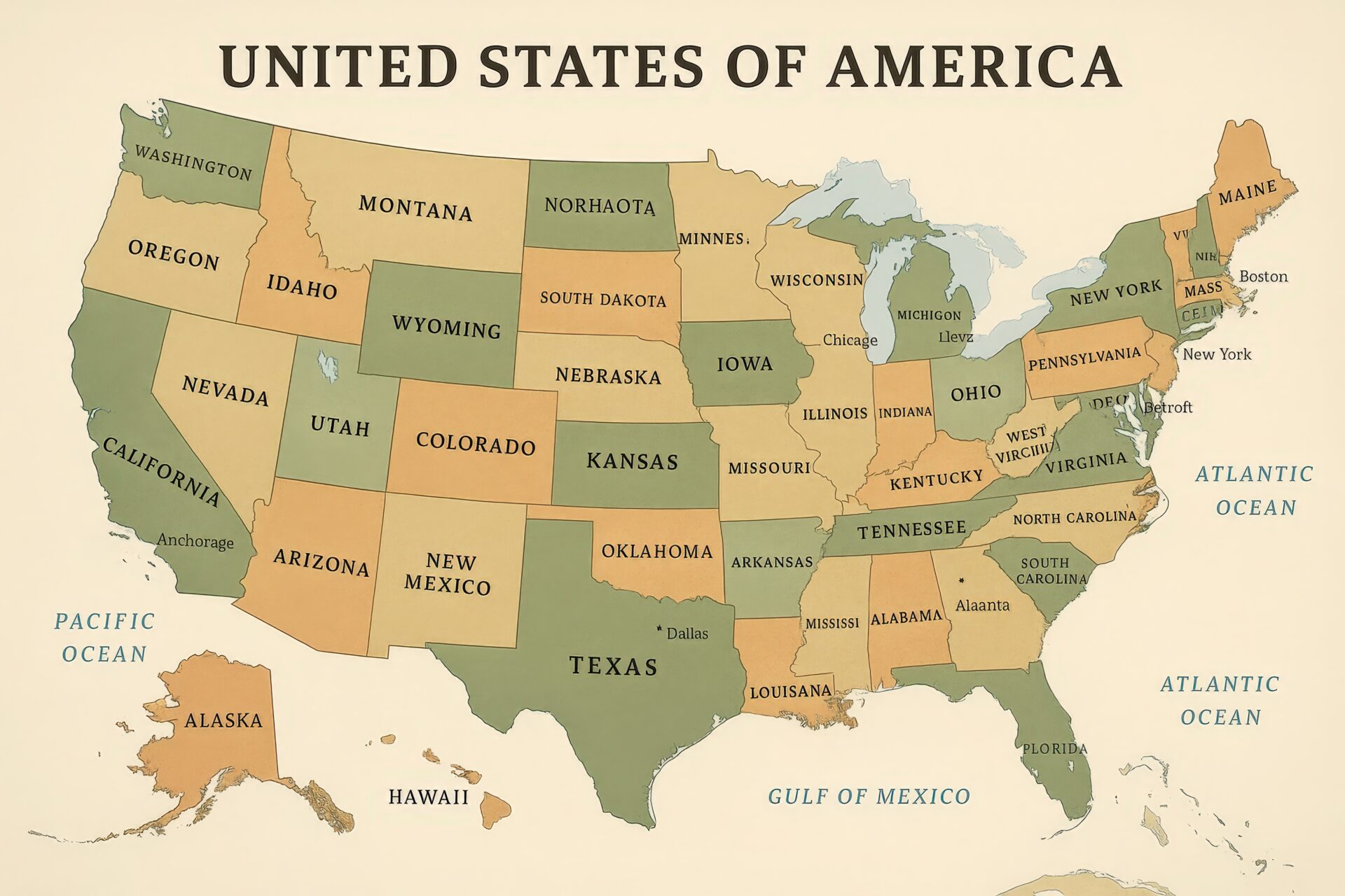 主要都市名入りのアメリカ合衆国地図