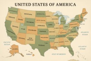主要都市名入りのアメリカ合衆国地図