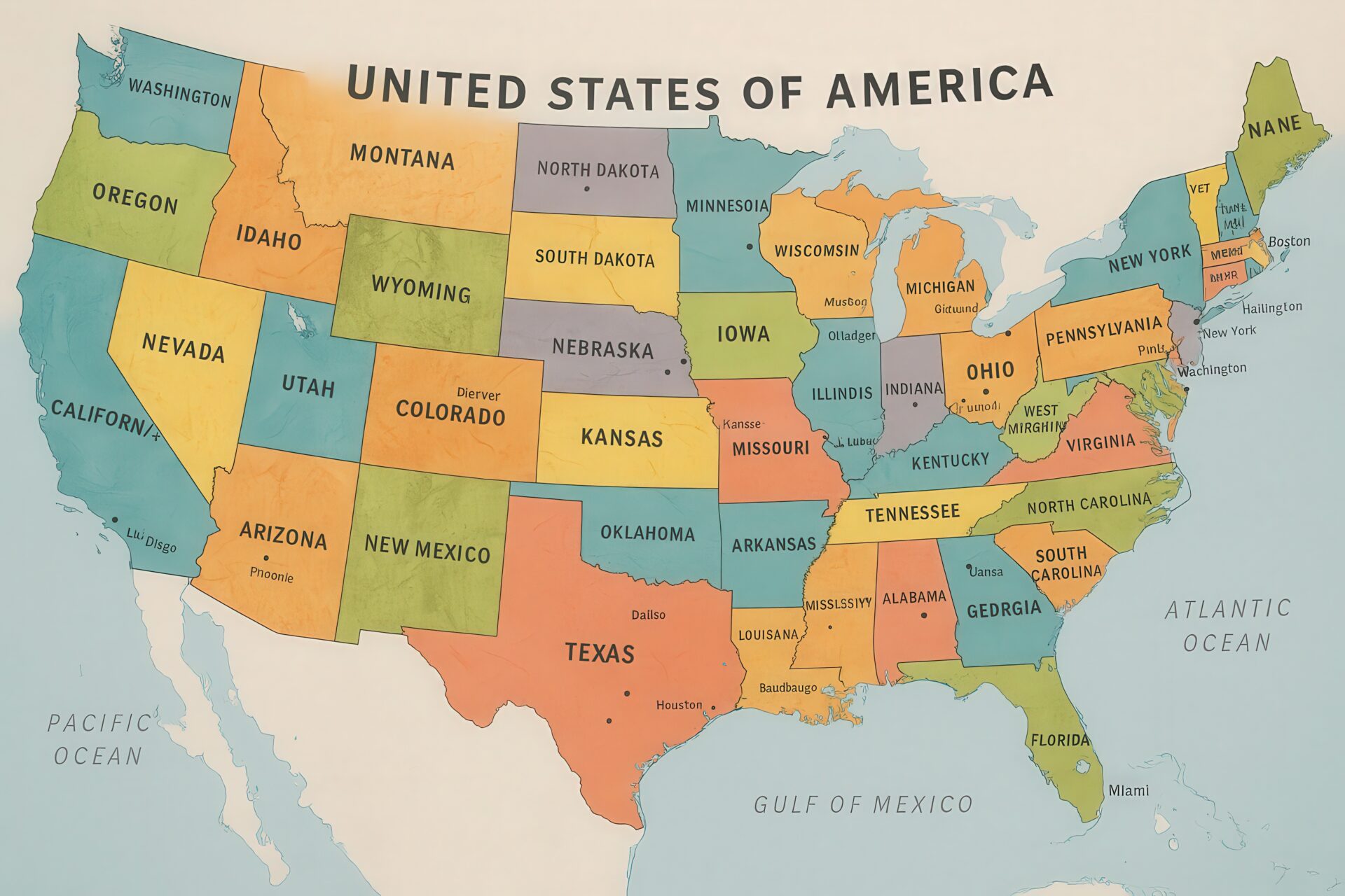 手描き風のアメリカ州別カラーマップ