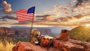 荷物とともに掲げられたアメリカ国旗