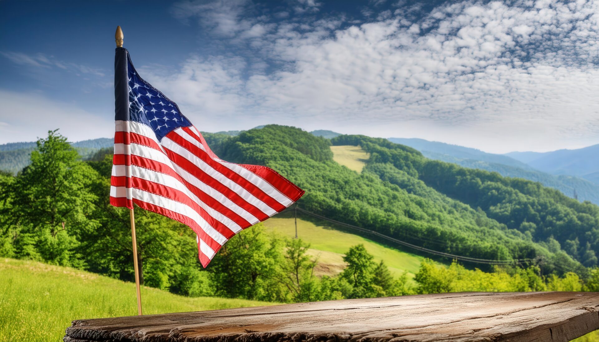 アメリカ国旗が広がる緑の丘