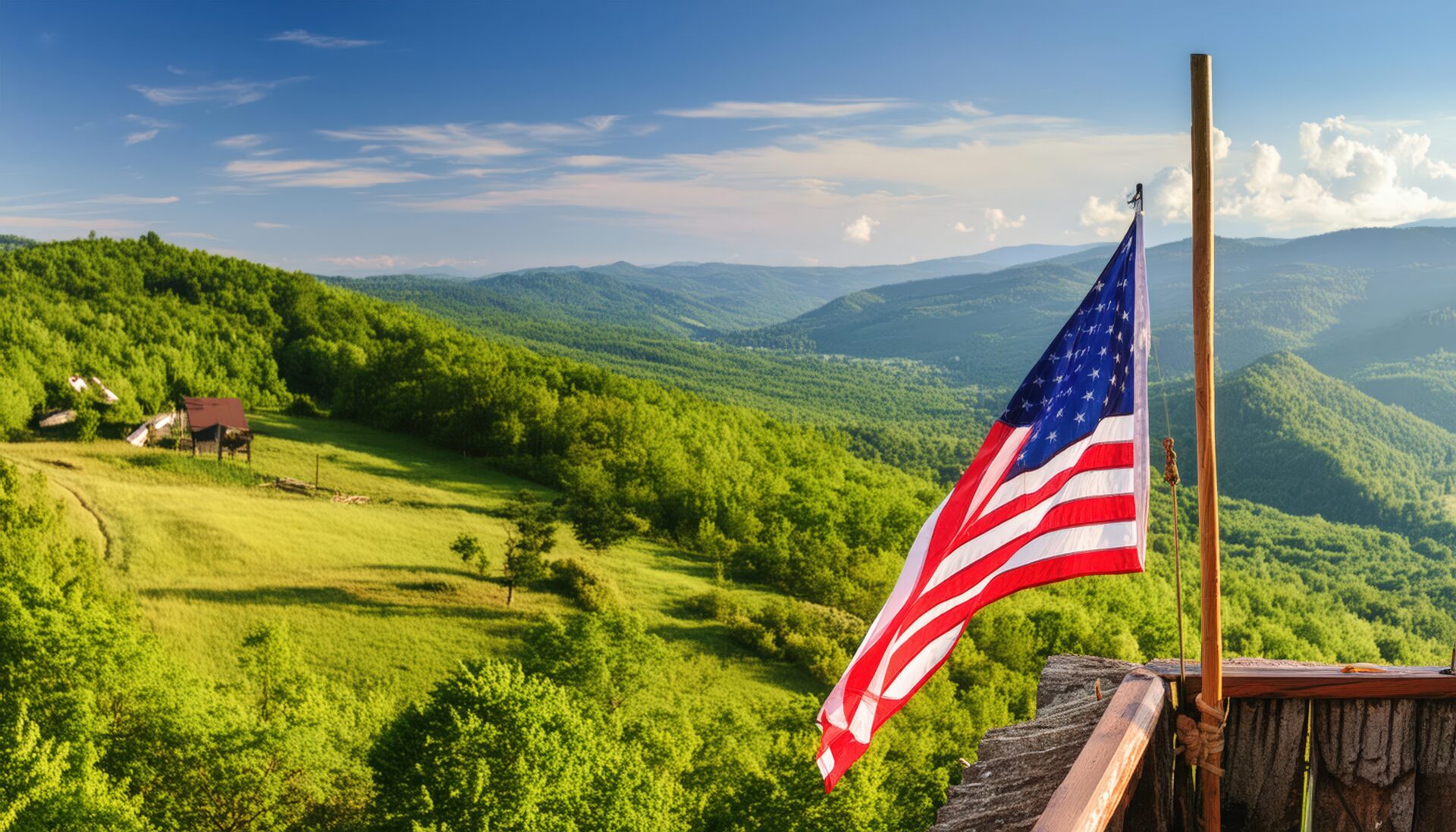 緑豊かな風景の中に掲げられた星条旗