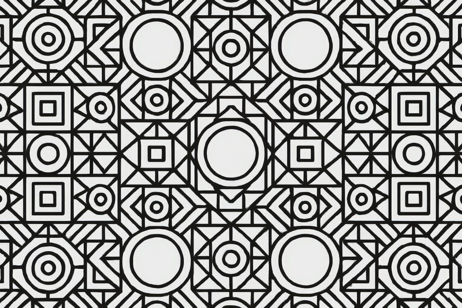 円と四角が組み合わさった白黒の幾何学的なパターン背景