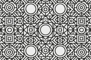 円と四角が組み合わさった白黒の幾何学的なパターン背景