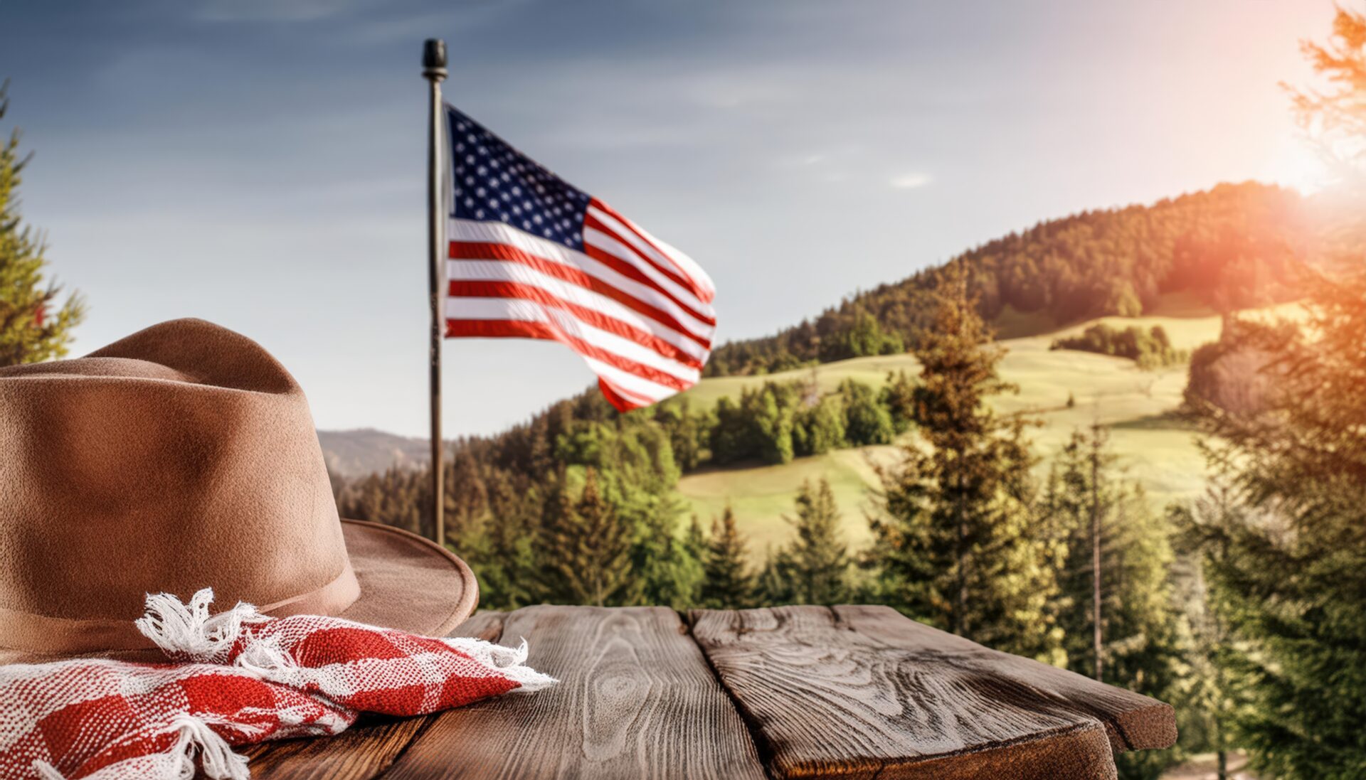 テーブル越しに見えるアメリカ国旗