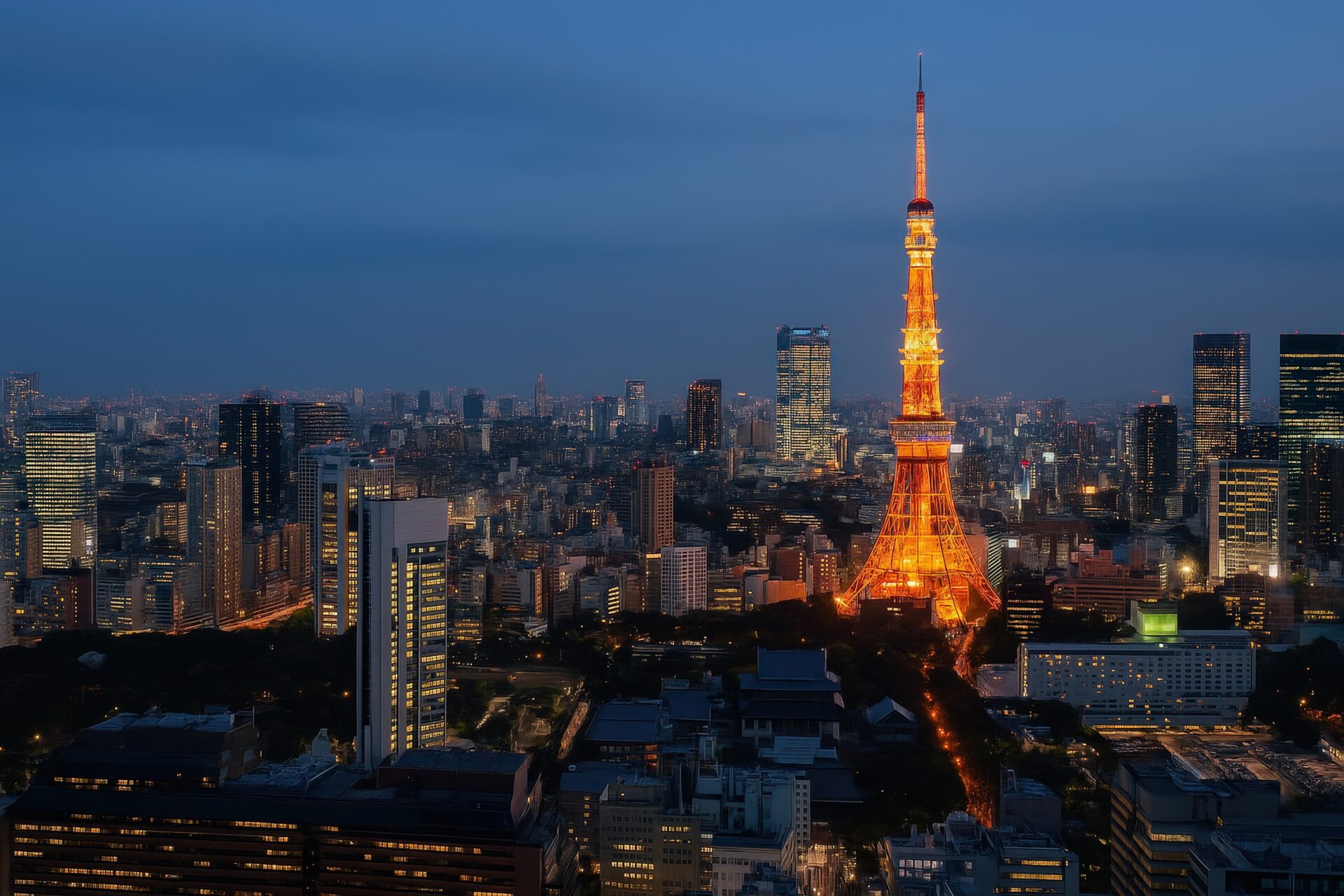 夕暮れの東京タワーとライトアップされた都心の夜景