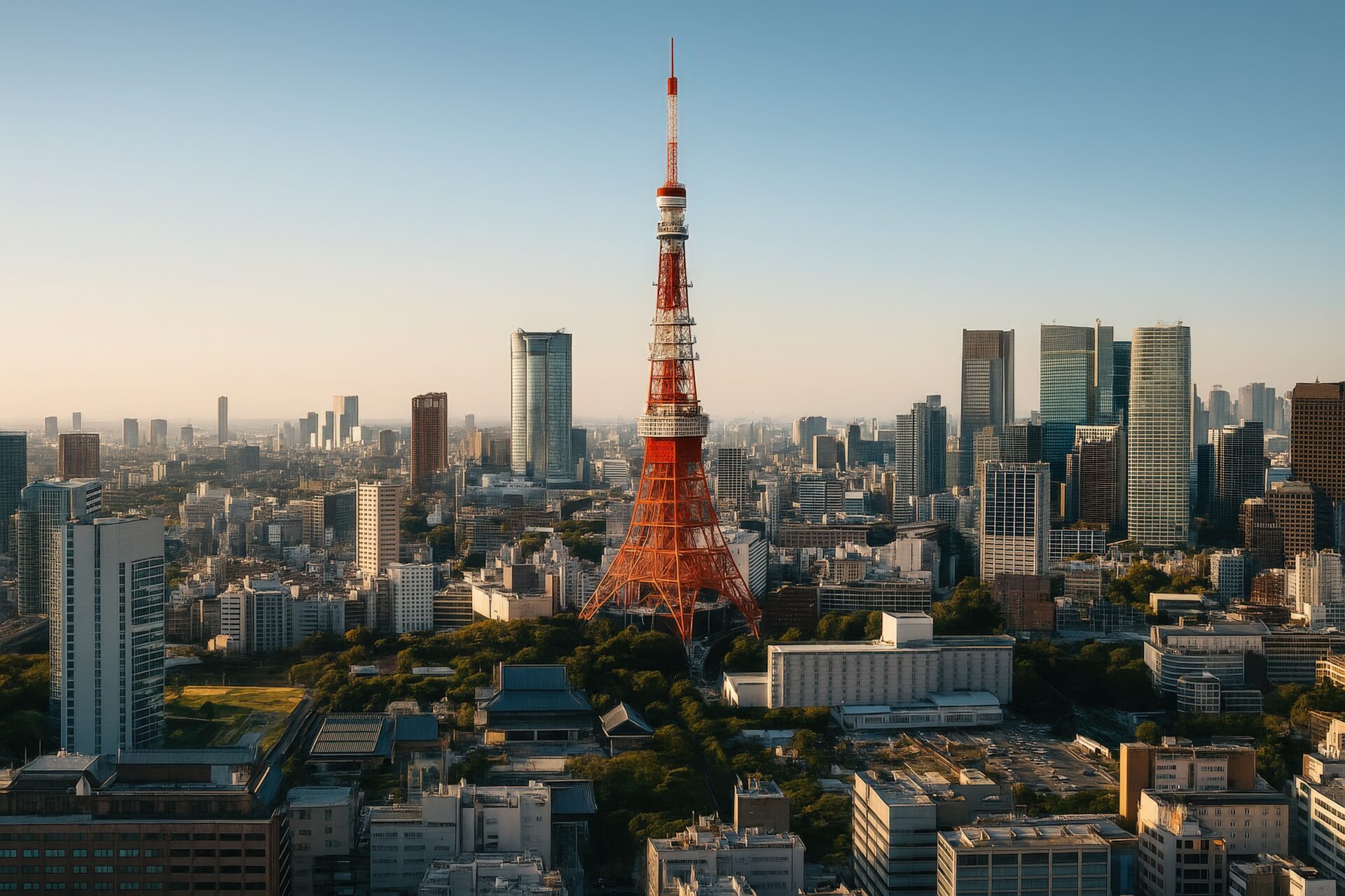 朝の澄んだ空の下にそびえる東京タワーと都会の街並み