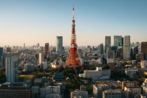 朝の澄んだ空の下にそびえる東京タワーと都会の街並み