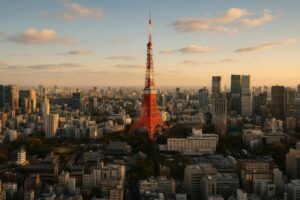 夕日に照らされた東京タワーと広がる都心の風景