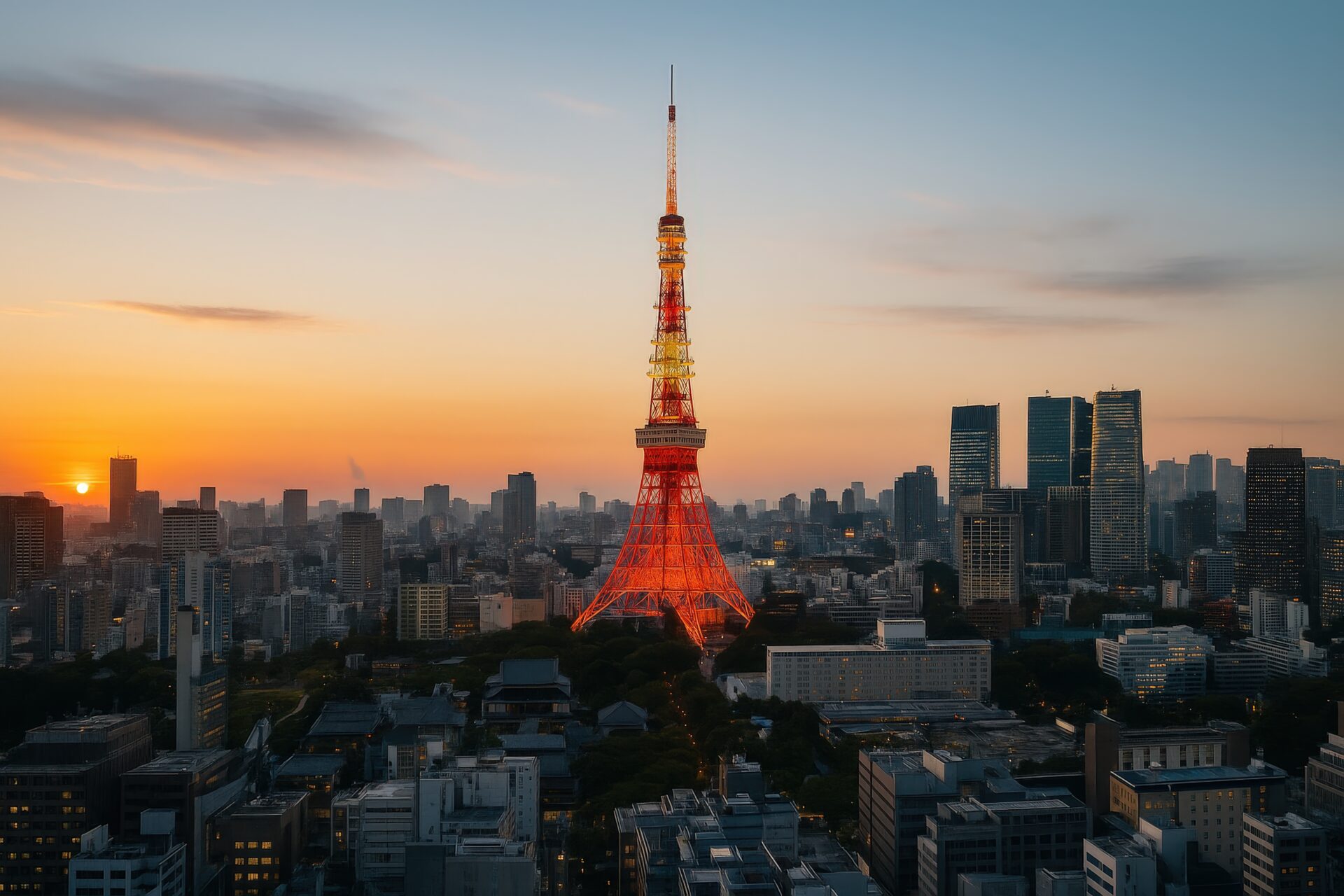 夕焼け空の中に輝く東京タワーと高層ビル群