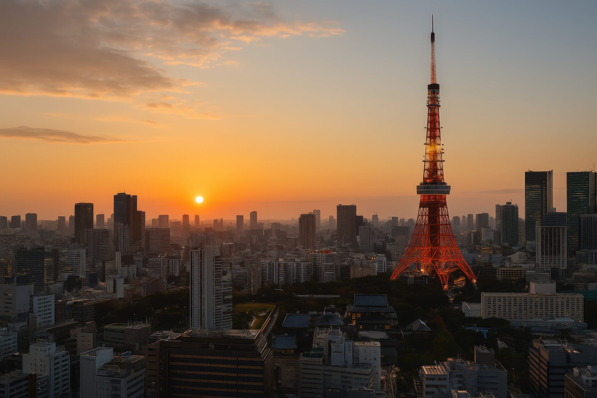 オレンジ色の空に浮かぶ東京タワーと沈む夕日
