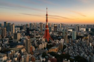 夕暮れ時の東京湾と東京タワーを望む都市景観