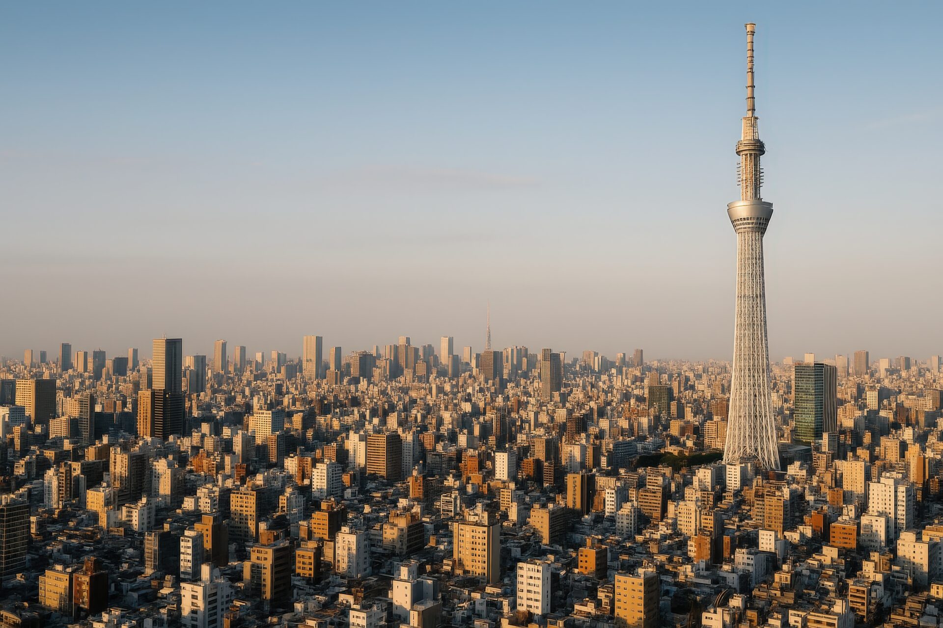 朝日を浴びる東京スカイツリーと広がる市街地