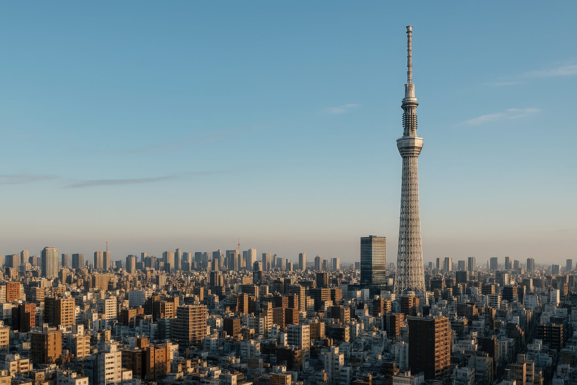 朝の澄んだ空の下にそびえる東京スカイツリー