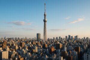 東京スカイツリーとビル群に囲まれた都会の風景