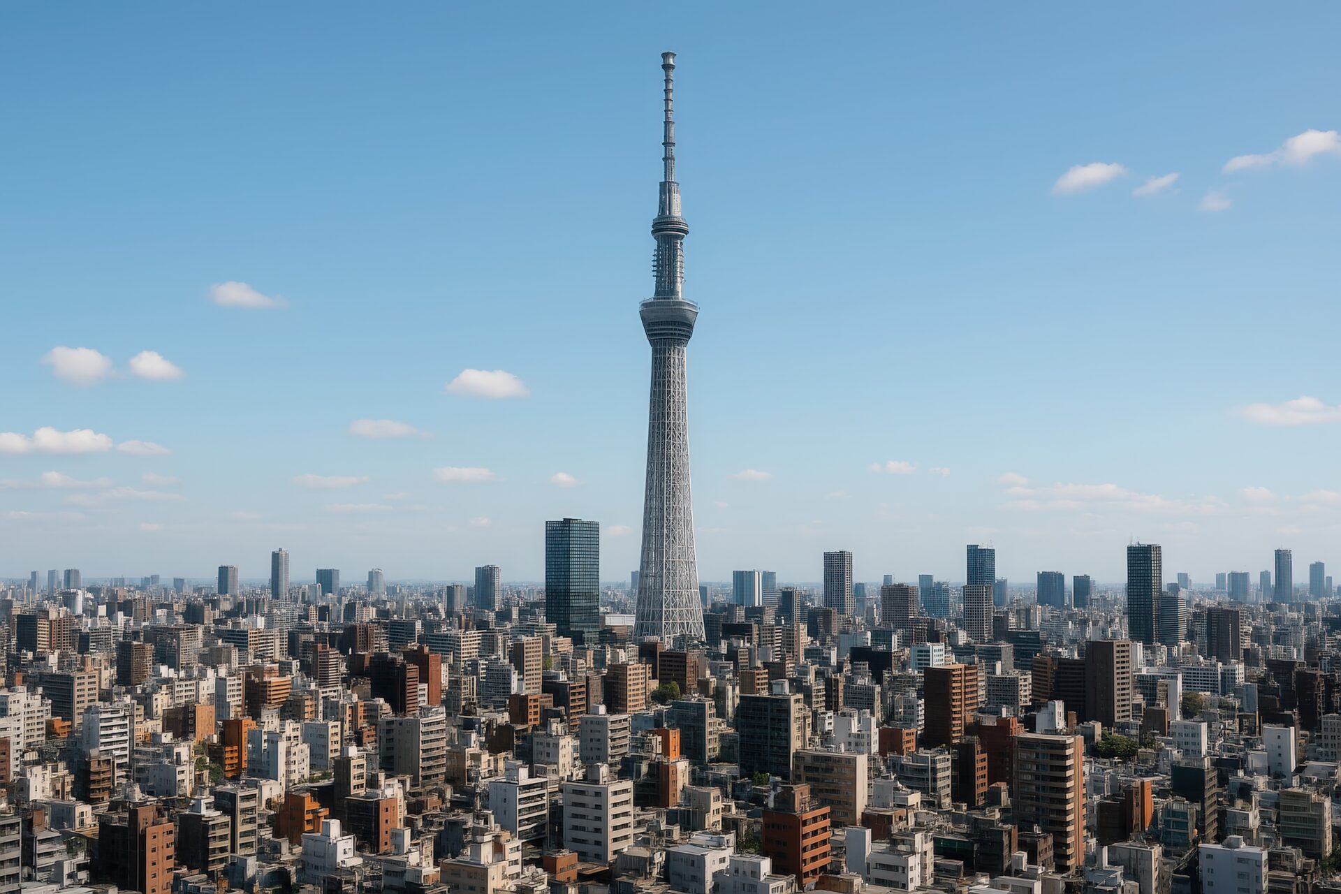 青空に映える東京スカイツリーと市街地の全景