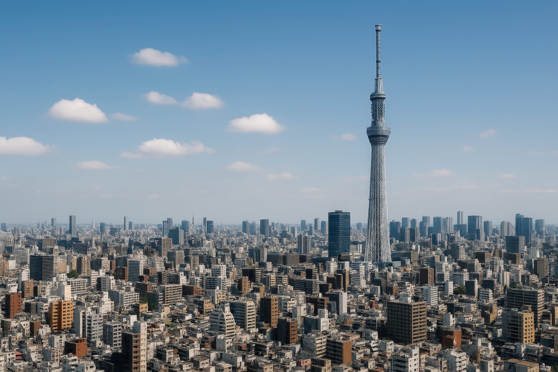 雲が浮かぶ空と東京スカイツリーのある都市風景
