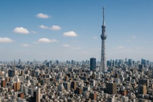 雲が浮かぶ空と東京スカイツリーのある都市風景