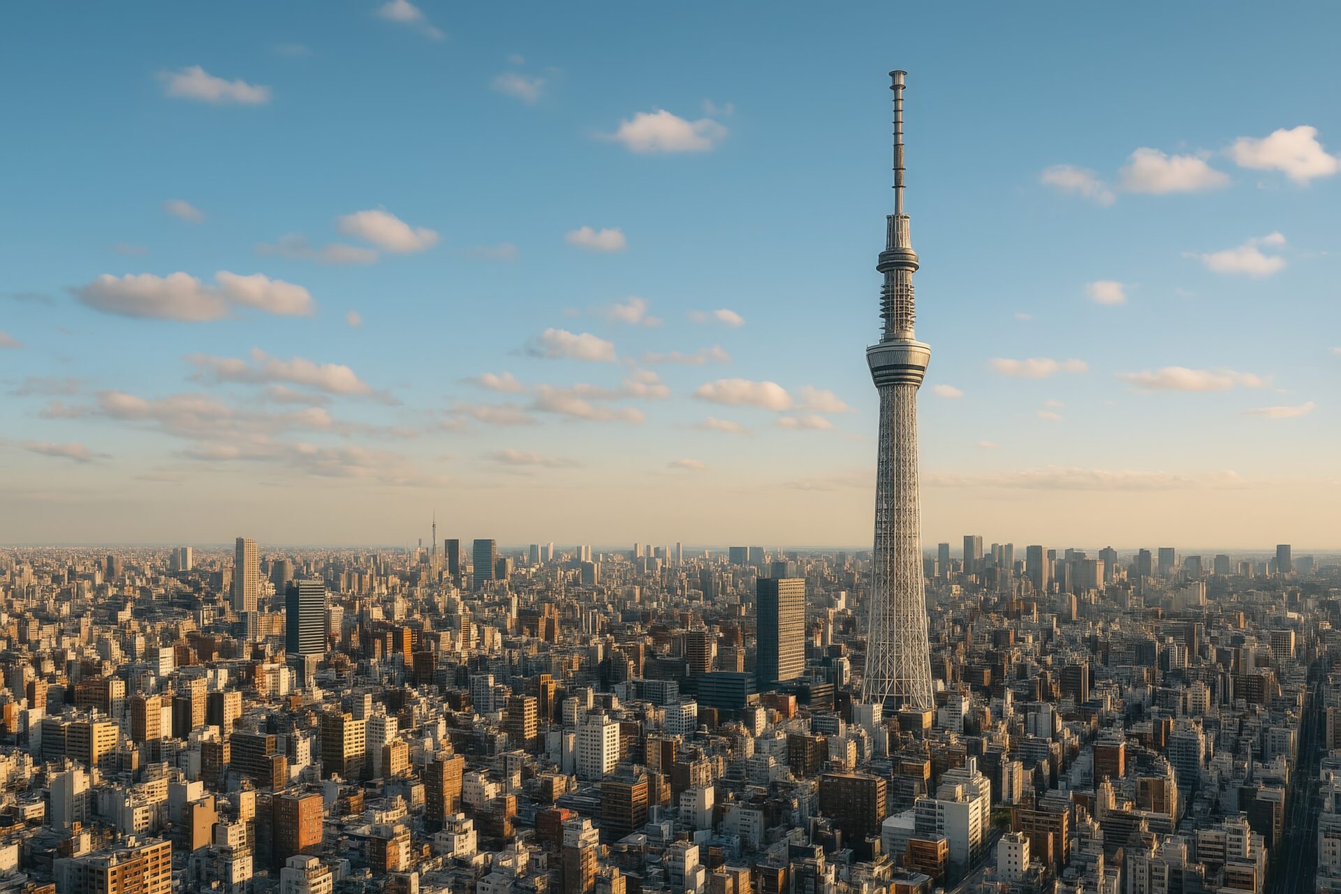 夕方の光に照らされた東京スカイツリーと高層ビル群