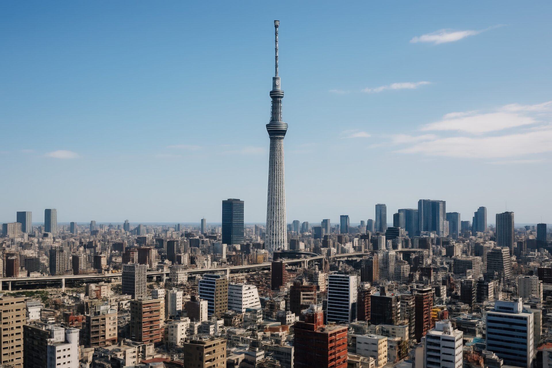 快晴の空の下にそびえる東京スカイツリーと都心の景色