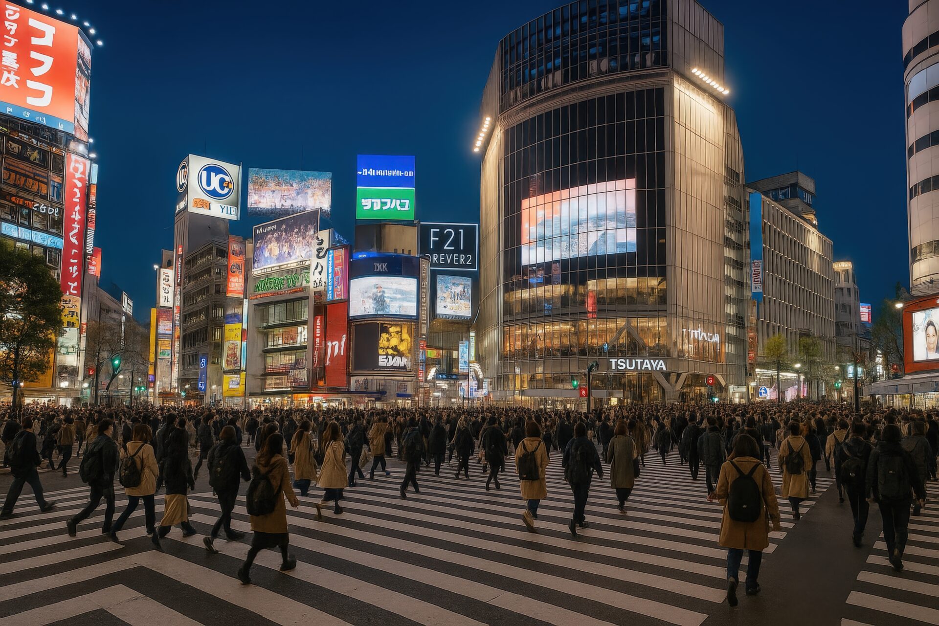 夜の渋谷スクランブル交差点を渡る多くの人々