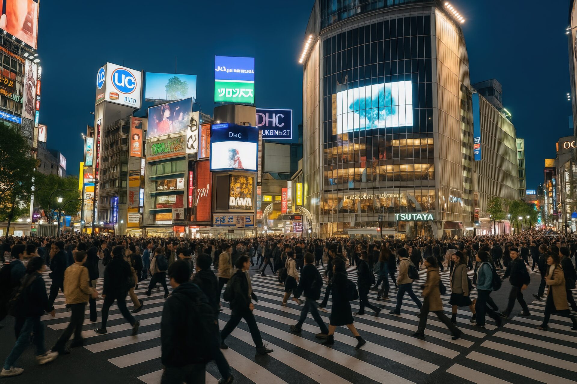 夜のライトアップされた渋谷スクランブル交差点