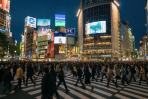 夜のライトアップされた渋谷スクランブル交差点