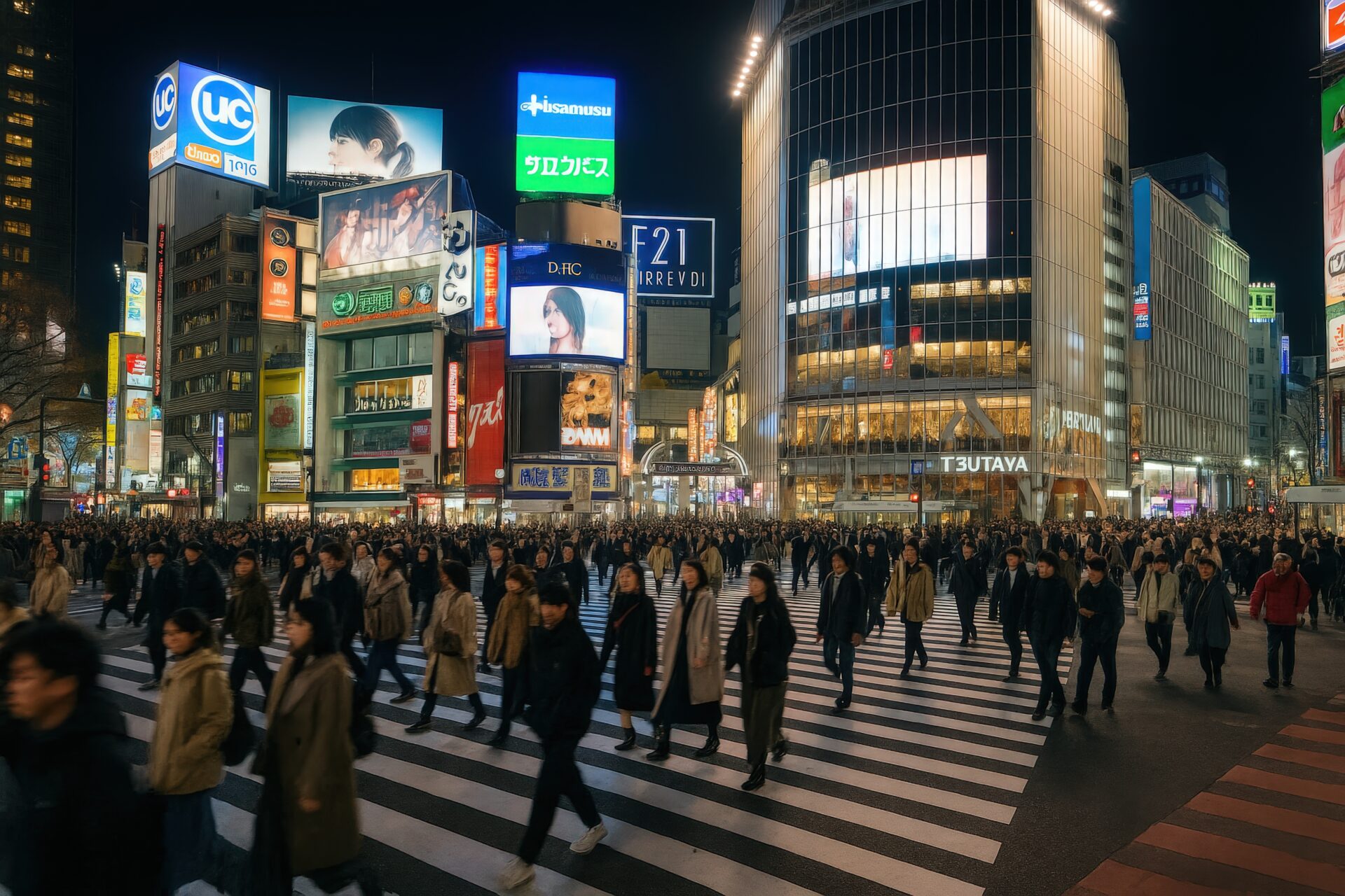 夜遅くの渋谷スクランブル交差点の人の流れ
