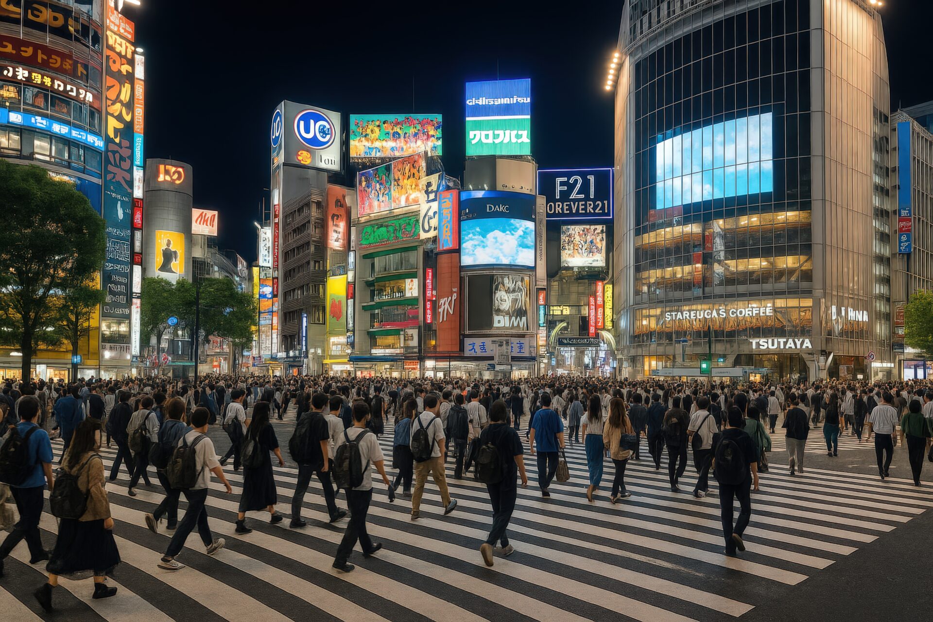 ネオンに包まれた渋谷スクランブル交差点