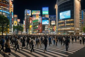ネオンに包まれた渋谷スクランブル交差点