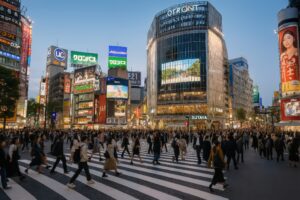 夕暮れ時の渋谷スクランブル交差点の風景