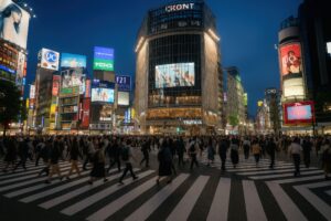青い空の下の夜の渋谷スクランブル交差点
