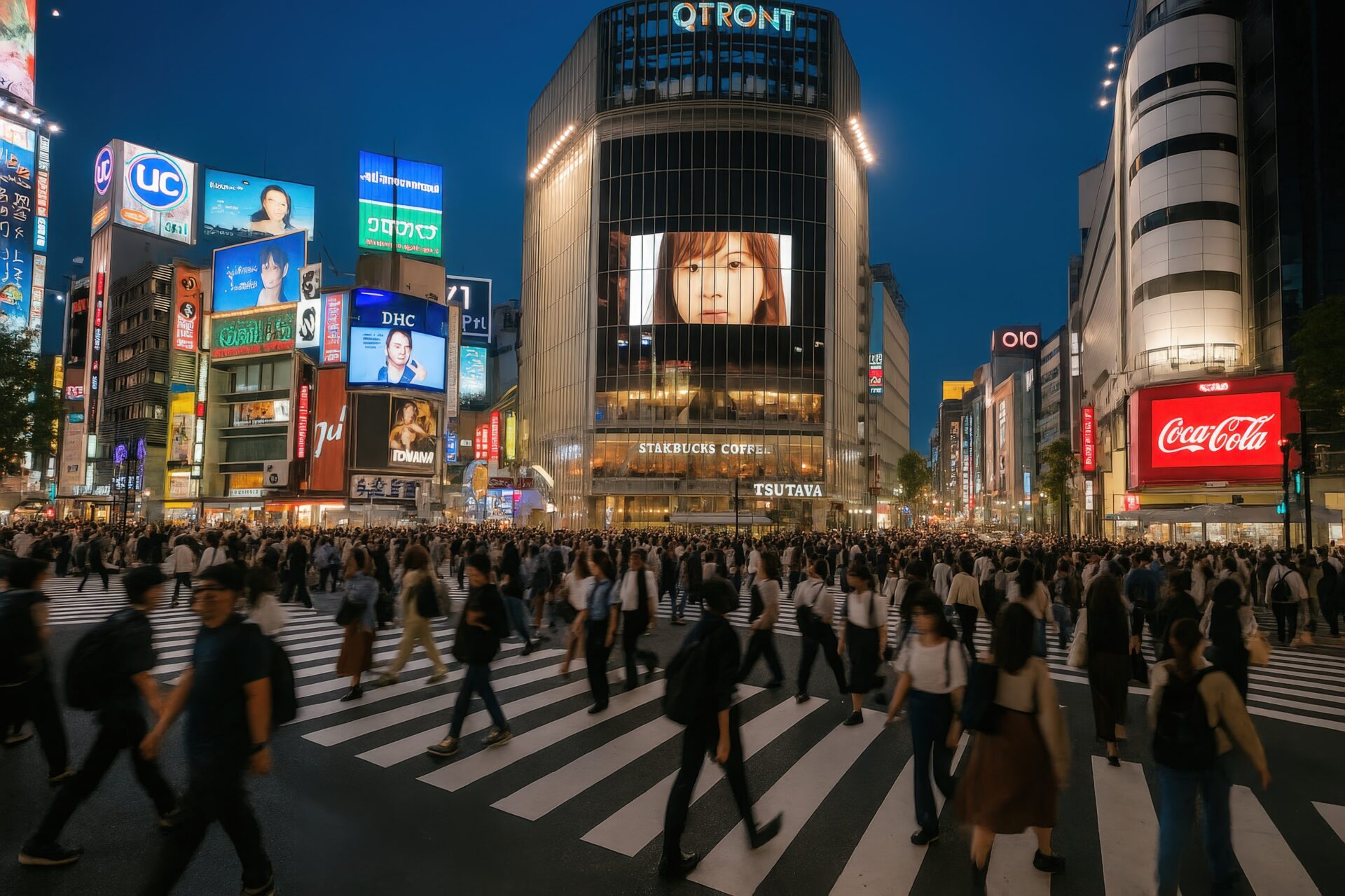 ライトに照らされた渋谷スクランブル交差点