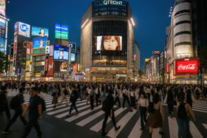 ライトに照らされた渋谷スクランブル交差点