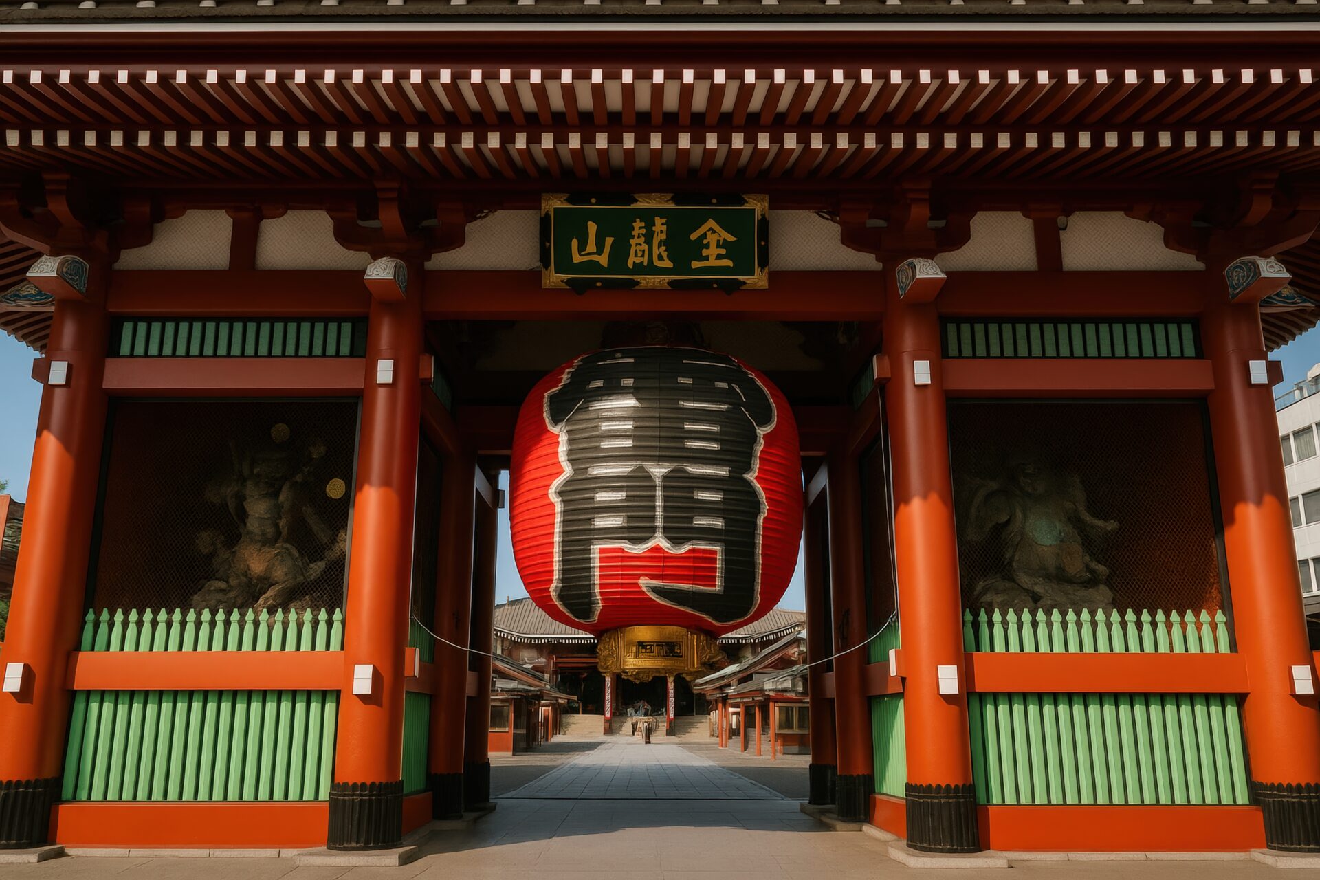 朝日を浴びる浅草寺雷門の正面