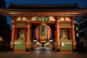 夜のライトアップされた雷門と参道