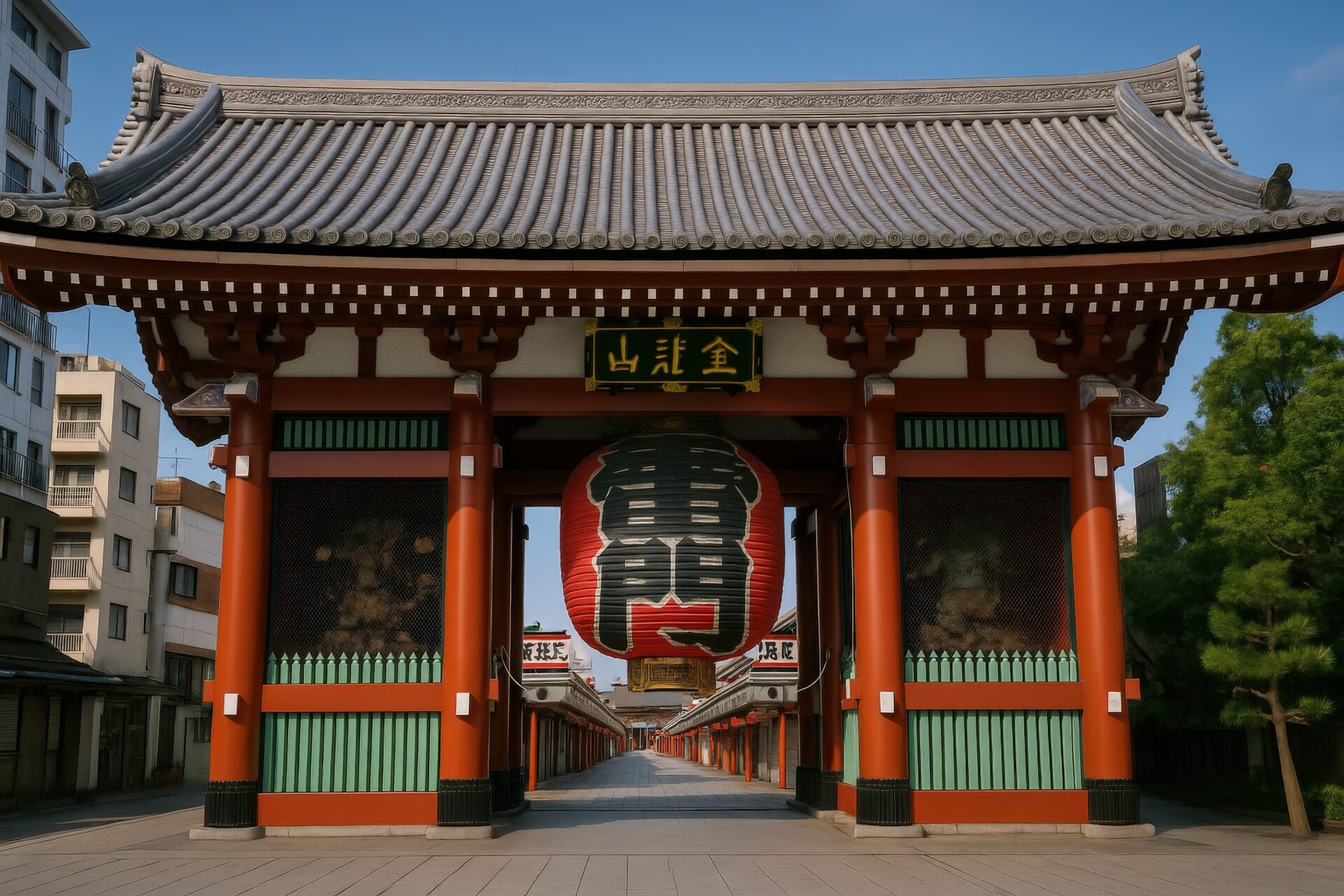 晴天のもとで見上げる雷門の大提灯