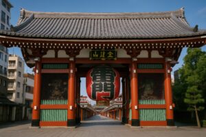 晴天のもとで見上げる雷門の大提灯