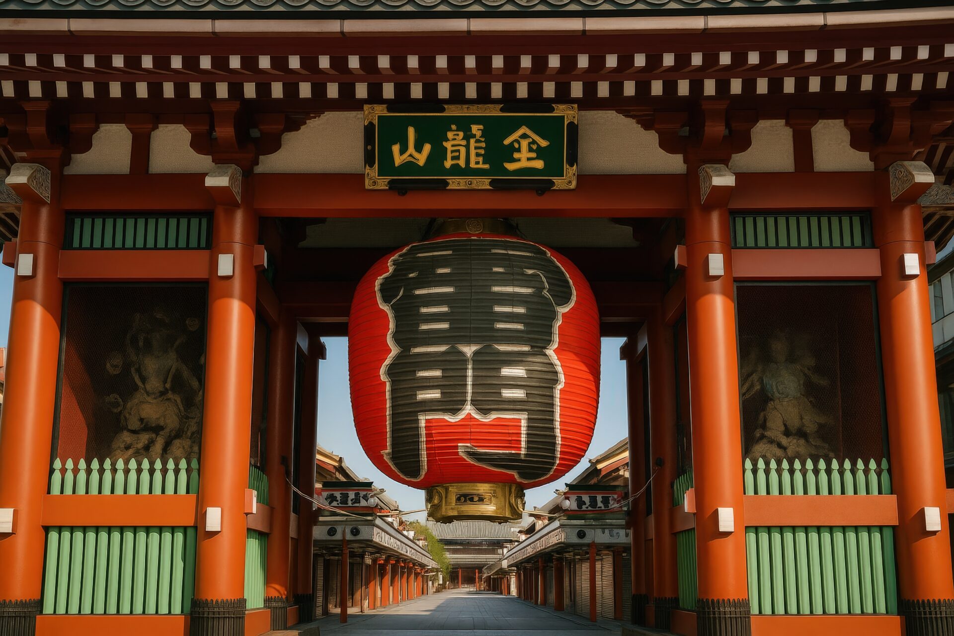 午後の光に照らされた雷門と参道