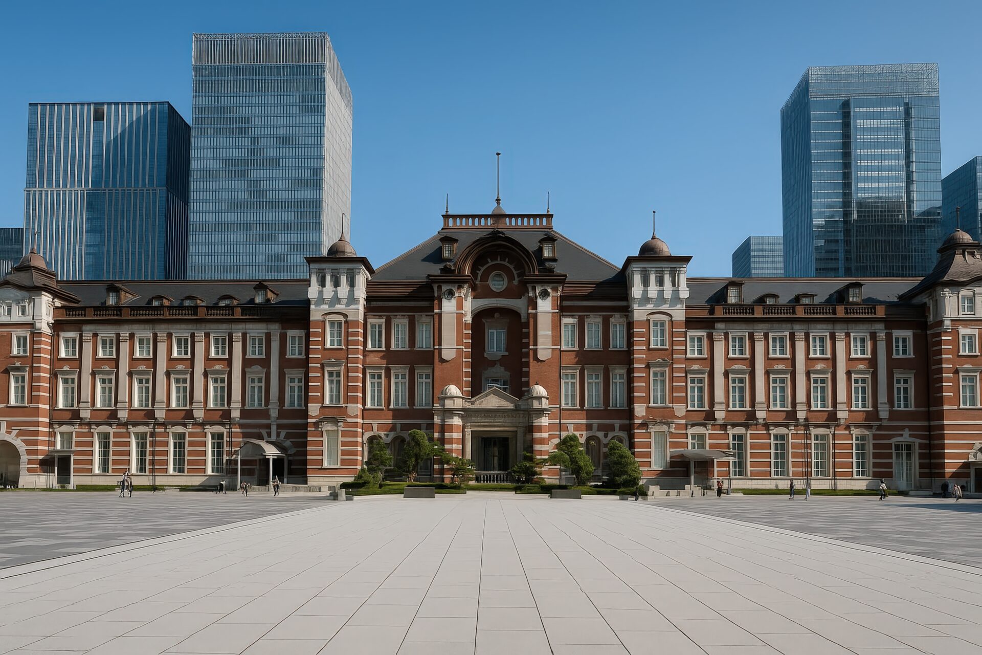 高層ビルに囲まれた東京駅丸の内駅舎