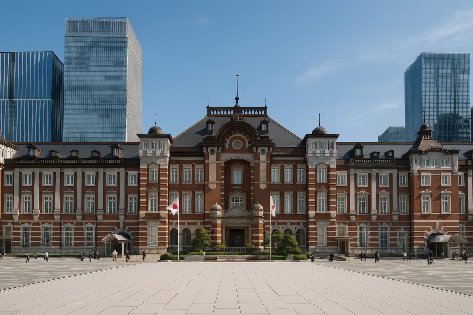 快晴の東京駅丸の内駅舎と広場