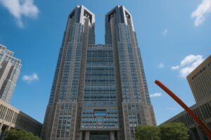 東京都庁舎を真下から見上げる構図